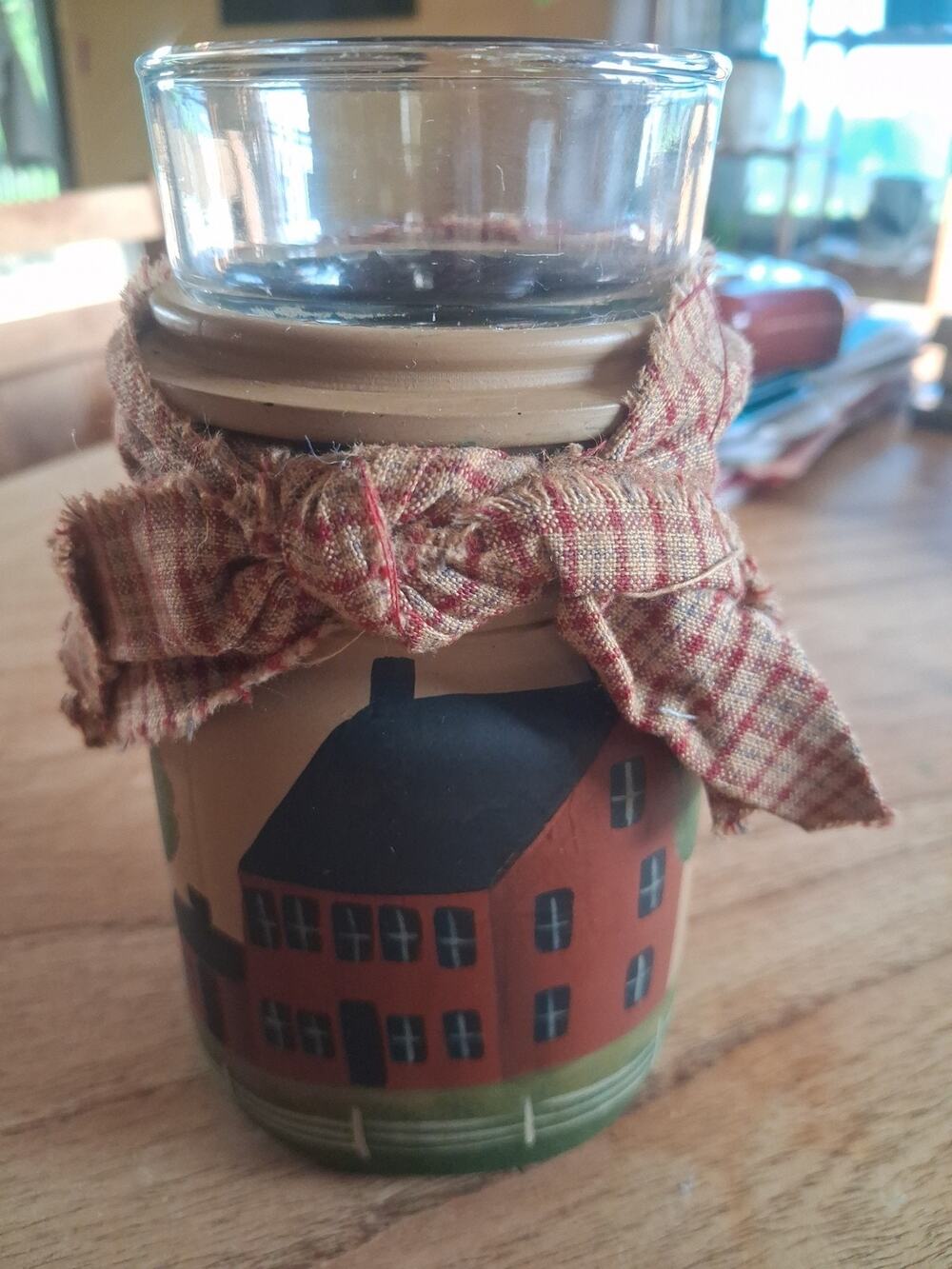 Vintage primitive hand painted mason jar candle holder , red barn , farmhouse.
